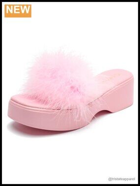 Platform Heeled Feathers Mules Open Toe Block Heels Faux Fur Sandals